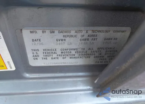 2007 Chevrolet Aveo Ls из США, поврежденный, VIN KL1TD56697B132240